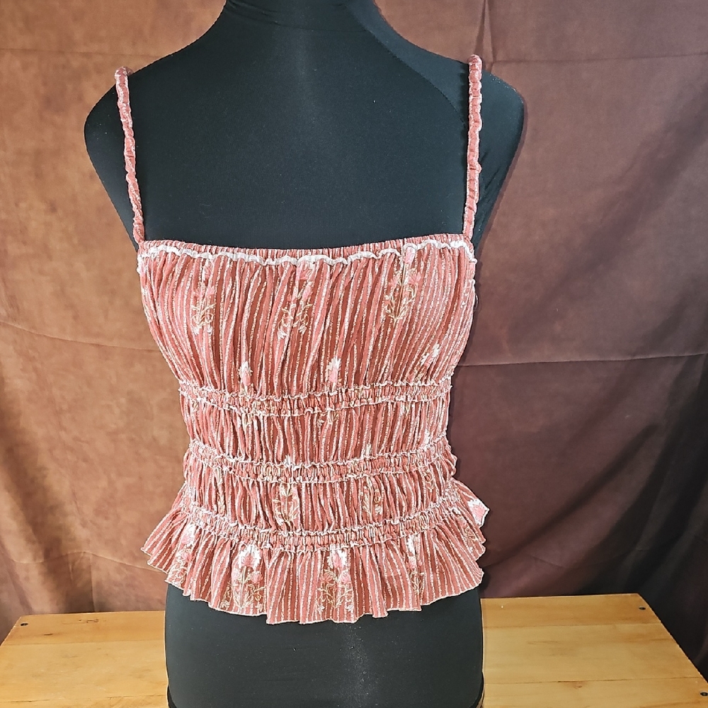 Free People Pink Ruched Floral Velvet Camisole
